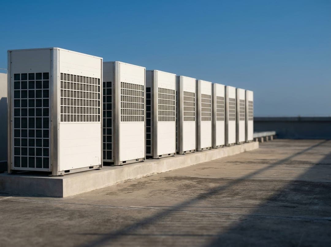 VRF condenser units installed along a commercial rooftop in Kerala