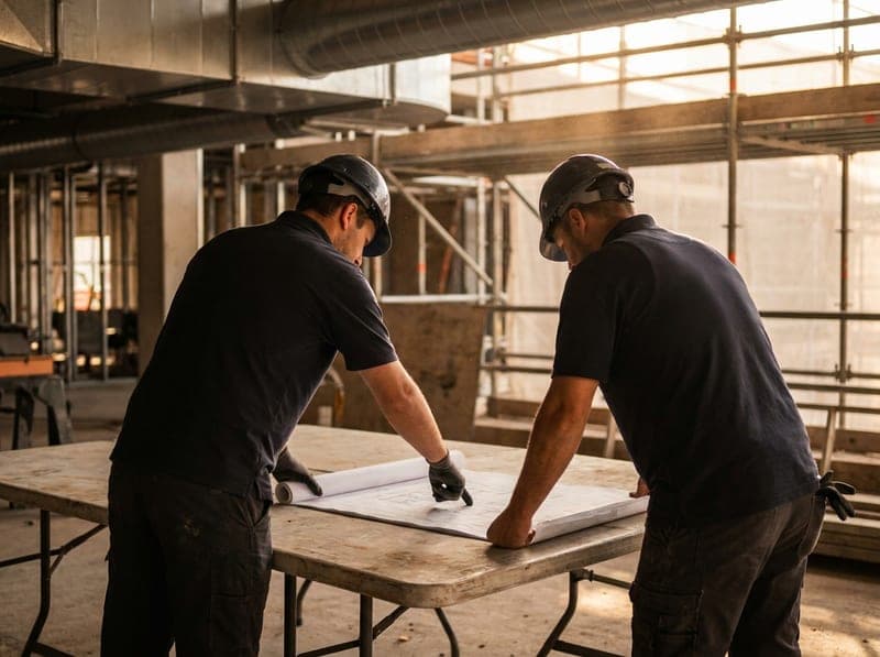 HEXA engineers reviewing installation drawings on a project site