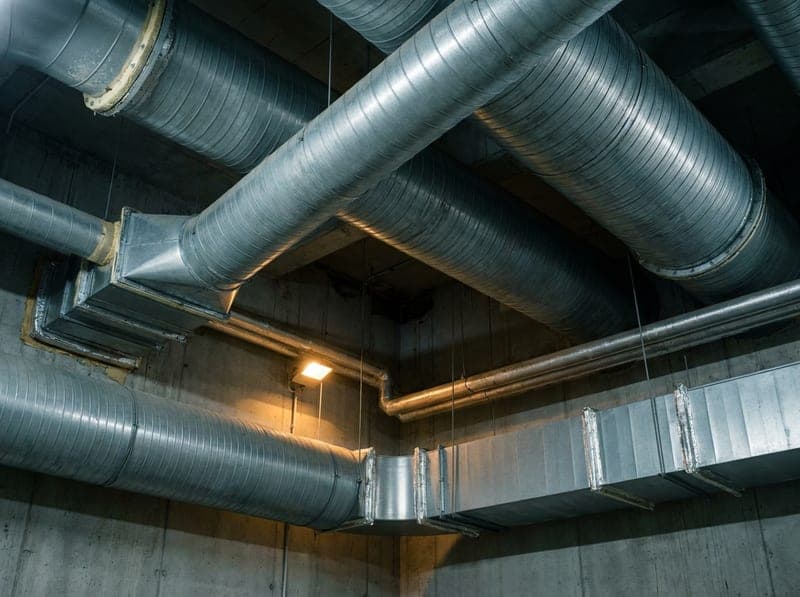 Spiral ductwork and exhaust runs crossing an industrial ceiling